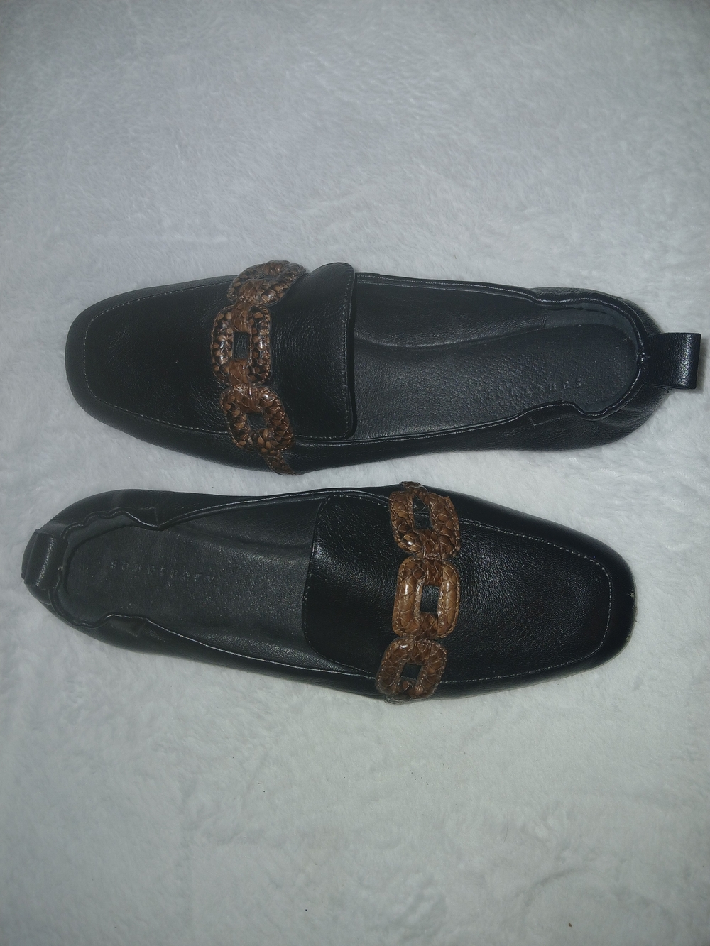 Sanctuary Black Leather Loafers with Brown Snakeskin Accent